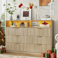 Fluted Dresser For Bedroom With 6 Drawers And Outlet, Wooden Double Dresser Chest Of Drawers With Rgb Light For Bedroom, Living Room, Entryway, Hallwa by Ebern Designs