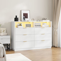 Fluted Dresser For Bedroom With 6 Drawers And Outlet, Wooden Double Dresser Chest Of Drawers With Rgb Light For Bedroom, Living Room, Entryway, Hallwa by Ebern Designs