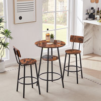 Round Bar Stool Set With Shelves, Stool With Backrest Rustic Brown, 23.6