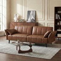Faux Leather Convertible Sofa, Mid Century Modern Leather Futon Sofa Bed with Adjustable Backrest Armrest & Storage Pocket