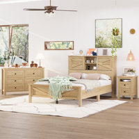 Farmhouse Full 3-Piece Bedroom Set with Sliding Door Storage Headboard, Charging Station, Nightstand & Dresser in Natural by Ophelia & Co.