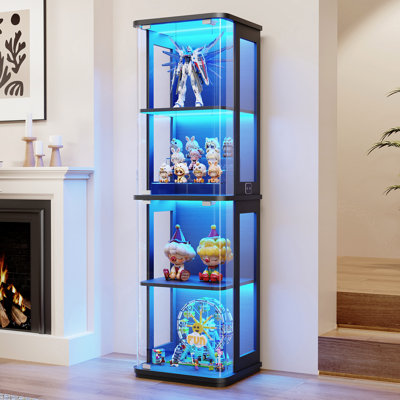 Large Rounded Display Cabinet With Glass Door, 4-tier Curio Cabinet With 3 Color Lights For Collectibles, Glass Display Case With Transparent Full-dis by Wrought Studio