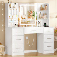 Makeup Vanity Table With Hd Lighted Mirror, Power Outlet,7 Drawers,4 Shelves,5 Jewelry Hooks by Latitude Run
