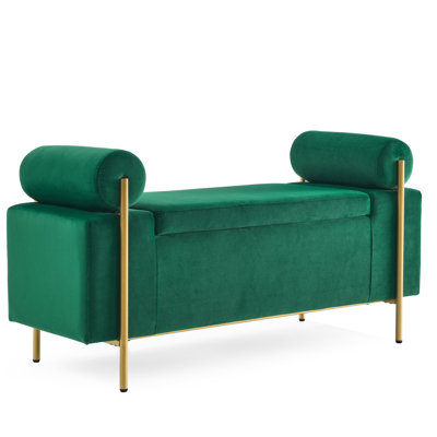 Elegant Upholstered Linen Storage Bench With Cylindrical Arms & Wooden Frame - For Bedroom, Hallway, Living Room Iron Legs by Latitude Run