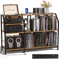 3-Tier Record Player Stand With USB Charging Station - Large Vinyl Storage Cabinet Holds 500+ Lps, Heavy-Duty Media Console For Turntable And Audio Eq by Hokku Designs