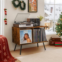 Flip-Top Record Player Stand With Vinyl Storage For 250+ Albums, Mid-Century Turntable Cabinet With Dust-Proof Lid And Open Shelf For Living Room Or B