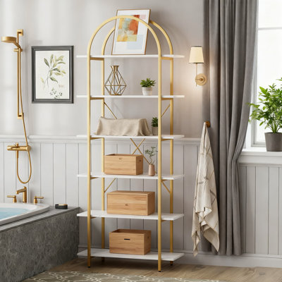6-Tier Tall Bookcase With Arched Top, Industrial Metal Frame Display Shelf For Living Room, Home Office, And Bedroom Storage