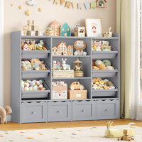 55"W x 48"H Multi-Functional Kids Organizer: 4-Drawer Toy Storage & Bookshelf with 6 Removable Bins