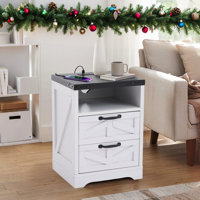 Rustic Farmhouse Nightstand with 2 Drawers & Charging Station, Industrial Bedside Table with USB and Power Outlets for Bedroom Storage by Mercer41