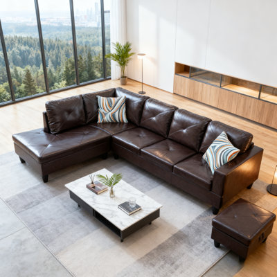 3-Piece Leather Couch Set - Brown Upholstered Living Room Sofa