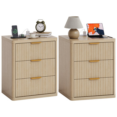 Fluted Nightstand with Charging Station, Modern Bedside Table & Open Storage, Metal Handles, Curved Edge, for Bedroom & Living Room by Ebern Designs