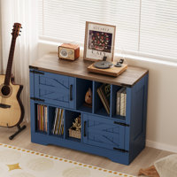 39" Farmhouse Record Player Stand with Vinyl Storage, Large Turntable Table Cabinet Holds Up to 450 Albums, Wood Media Console with 2 Barn Doors & 6 O by Bay Isle Home