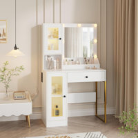 Vanity Desk with Mirror & Lights, Makeup Table with USB Outlets, Storage Drawers & Adjustable Bulbs by Latitude Run