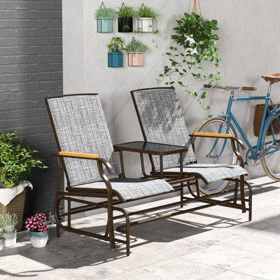 2 Person Outdoor Glider With Stable Mesh And Table - Gray Patio Bench Weather- by Latitude Run