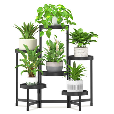 Folding Plant Stand Indoor Outdoor With Plastic Tray, Tiered Corner Flower Holder Shelf, Metal Orchid Display Rack, 6 Tier, () by Latitude Run