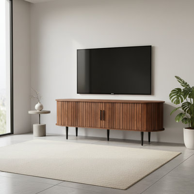 55" Modern Walnut Tv Stand With Sliding Door & Storage Compartments – Entertainment Center Console Table For Living Room, Bedroom, Or Office