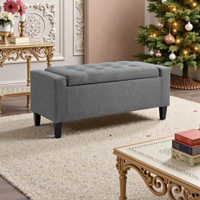 36.25 Inch Wide Linen Upholstered Storage Ottoman Bench With Lift Top, Button Tufting, And Rubberwood Feet by Red Barrel Studio