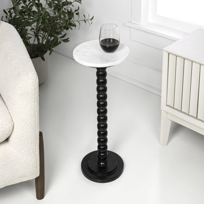 Monroe 24.25" Rustic Spindle Wood Drink Table and Decorative End Table with White/Beige Marble Round Top by Winston Porter