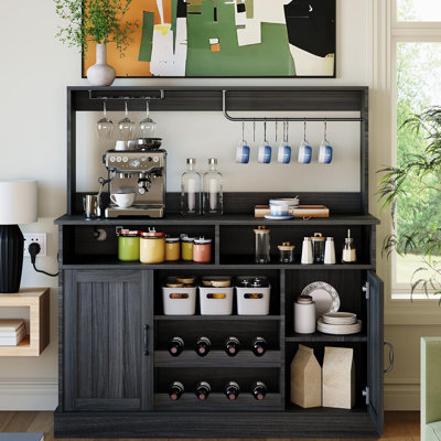 47" Coffee Bar Cabinet with Power Outlets Farmhouse Buffet Bar Cabinets with 3-Tier Storage & Goblet Holder Coffee Station Hutch Cabinet with 8 Wine R by Ivy Bronx