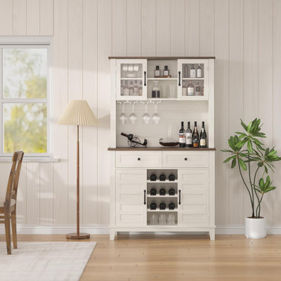 72" Wine Bar Cabinet with 4 Doors and 2 Drawers, Kitchen Pantry Cabinet with Hutch Wine & Glasses Rack, Storage Shelves, Tall Farmhouse Pantry for Hom by One Allium Way