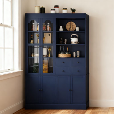 47.2" Farmhouse Freestanding Buffet with Hutch, Tall Kitchen Pantry Cabinet with 4 Drawers, Tempered Glass Doors & Adjustable Shelves for Dining Room