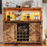 Coffee Bar Cabinet 55", Large Kitchen Hutch with LED Lighting & Built-in Power Outlet, Tall Buffet Cabinet with Barn Sliding Door, Wine Glass Rack & A