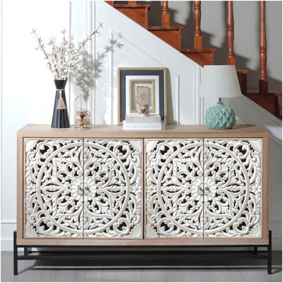 4 Door Wood Cabinet, Vintage Carved Wood 4-Door Cabinet With Elegant Storage Sideboard For Living Room, Bathroom,Entryway And Kitchen by Dakota Fields