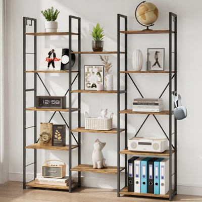 67" Tall Triple Wide 5-Tier Industrial Bookshelf with 14 Open Shelves, 4 Bonus Hooks, and Adjustable Feet for Large Storage in Living Room or Office