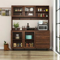 63" Walnut Kitchen Cabinet With 4 Doors, Drawers & Microwave Shelf - Freestanding Pantry Storage For Different Purposes Particle Board W Door, Drawer by Red Barrel Studio