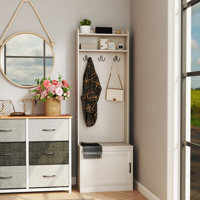 Narrow Hall Tree With Shoe Storage Bench, Rustic Entryway Bench With Coat Rack, Accent Coat Tree With Storage Shelves For Hallway, Mudroom, White Wood by Red Barrel Studio
