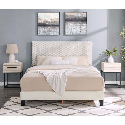 3-Piece Bedroom Set, Plush 3D Upholstered Bed With Two Nightstands by Ebern Designs