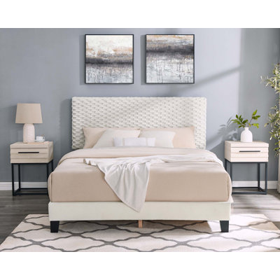 3-Piece Bedroom Set, Plush 3D Upholstered Bed With Two Nightstands by Ebern Designs
