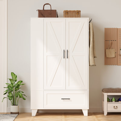 67" Bedroom Wardrobe Closet, Wooden Armoire With Mirror, Doors & Drawers, White by Ophelia & Co.