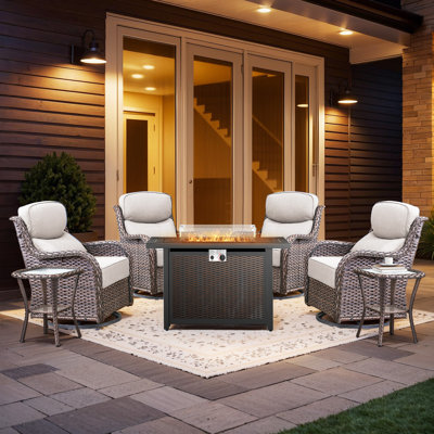 Wickes 7-Piece All-Weather Wicker Patio Conversation Set With Rectangle Metal Fire Pit Table, 4 Outdoor Swivel Gliders And Side Table