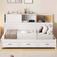 Twin Size Wooden Daybed with 3 Storage Drawers, Soft Headboard, Shelf & USB/Power Ports, White by Red Barrel Studio