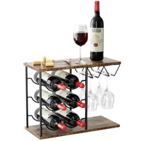 Metal Countertop Wine Rack - Holds 6 Bottles Of Wine And 4 Wine Glasses, Brown