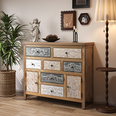 Vintage Style Wooden Accent Storage Chest with Seven Drawers and Two Side Cabinets, Rustic Carved Multicolor Finish Farmhouse Decor Dresser for Living