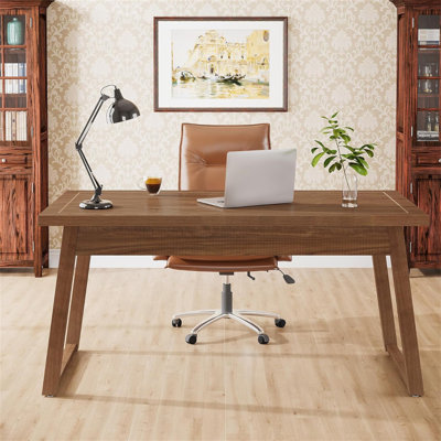 55” Mid-Century Modern Executive Desk With Drawer, Writing Computer Desk For Home Office, Rustic Walnut Brown Workstation Table For Laptop, Study, Or by George Oliver