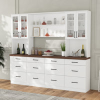 94.5" Wide Large Wine Bar Cabinet With 12 Drawers & Glass Doors