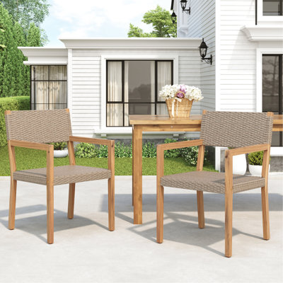 Outdoor Dining Chairs Set Of 2, Light Teak Acacia Wood Frame And Multi Light Brown, Ideal For Patios, Gardens by Latitude Run