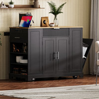 Fluted Kitchen Island With Trash Can Storage Cabinet, Power Outlet, Internal Storage Rack, Rolling Kitchen Islands On 5 Wheels With 3 Drawer, 3 Open S by Latitude Run