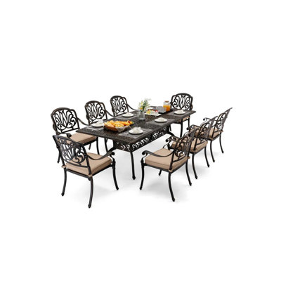 9 Outdoor Dining Set Cast Aluminum Retro Patio Dining Set For 8 Includes 86.6’’ Rectangular Table And 8 Chairs With Cushion And Umbrella Hole For Pati by Red Barrel Studio