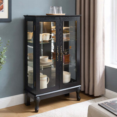 Lighted Curio Cabinet With Tempered Glass Doors & Mirrored Back by Mercer41
