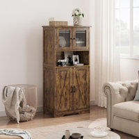 Hutch Cabinet with Glass Doors & Adjustable Shelves, Rustic Brown Kitchen Pantry for Living Room