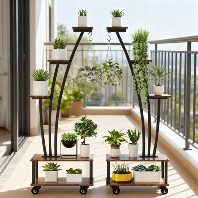 5-Tier Tall Plant Stand With Wheels, Cone-Shaped Metal Plant Shelf With Hanging Hooks, Multi-Tier Storage Display For Indoor Plants In Living Room, Ba by 17 Stories