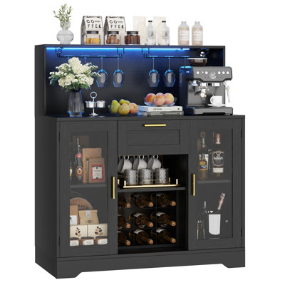 Bar Cabinet With LED Light And Wine Rack, Coffee Bar Cabinets With Drawer And Glass Holder, Sideboard Table With Storage Shelves by Wrought Studio