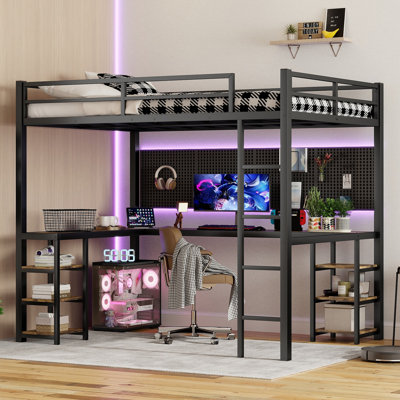 Full XL Metal Loft Bed With Desk And Shelves, Loft Bed With Ladder And Guardrails, Loft Bed Frame by Latitude Run
