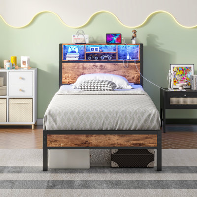 Twin Size Bed Frame With Storage Headboard, Metal Platform Bed With Charging Station, Bookcase Storage by Ebern Designs