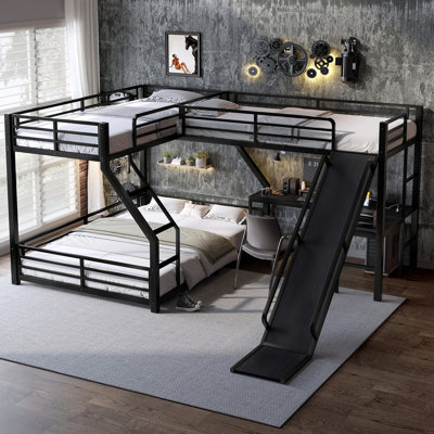 L-Shaped Twin XL Over Bunk Bed With Twin Size Loft Bed, Metal Triple Bunk Bed With Slide And USB Ports by Latitude Run