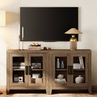 Farmhouse TV Stand For Tvs Up To 65”, Rustic Wood Entertainment Center With Adjustable Shelf, Glass Doors & Storage, Media Console Cabinet For Living-